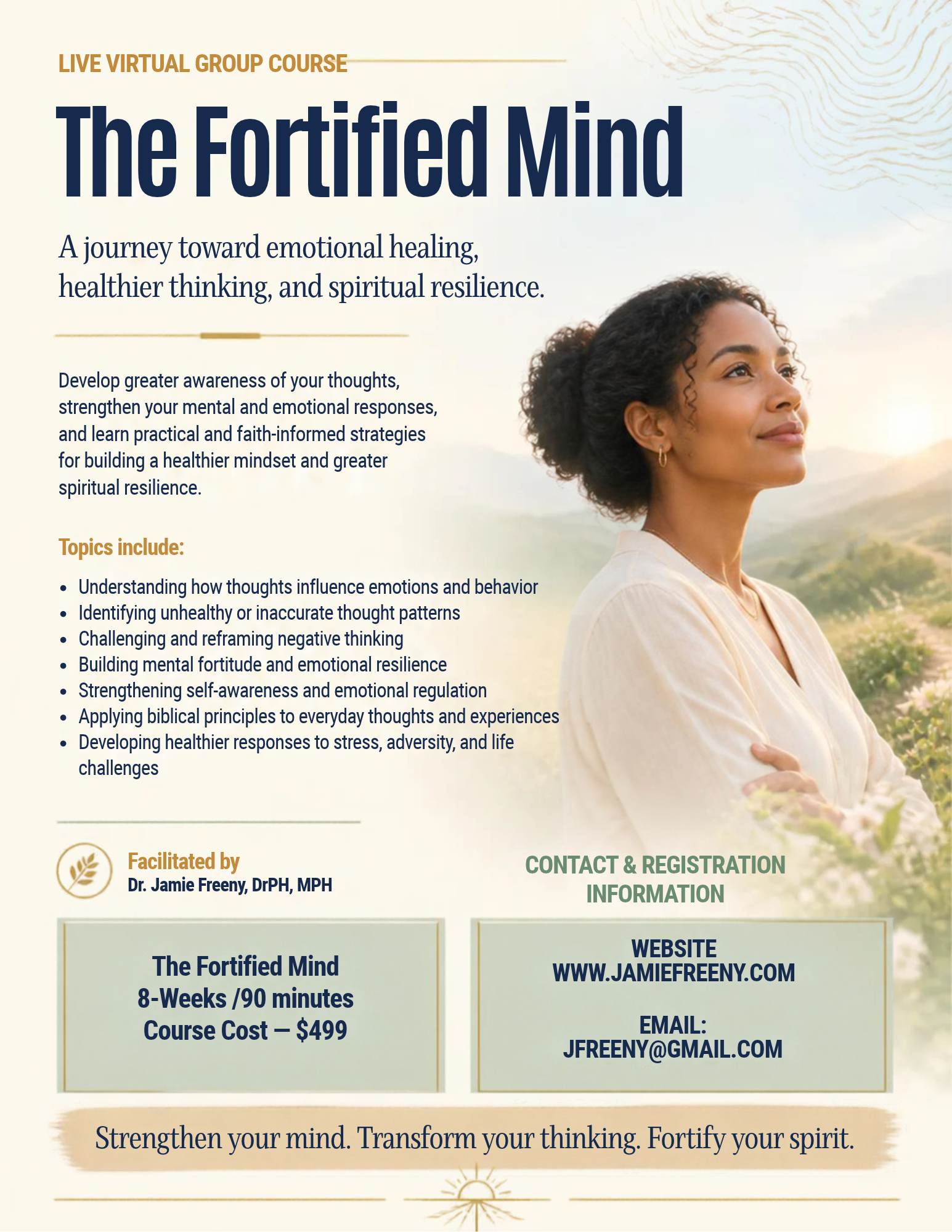 The Fortified Mind course flyer showing a woman looking toward a sunrise, with the course topics, eight-week format, ninety-minute sessions, and $499 course cost listed.
